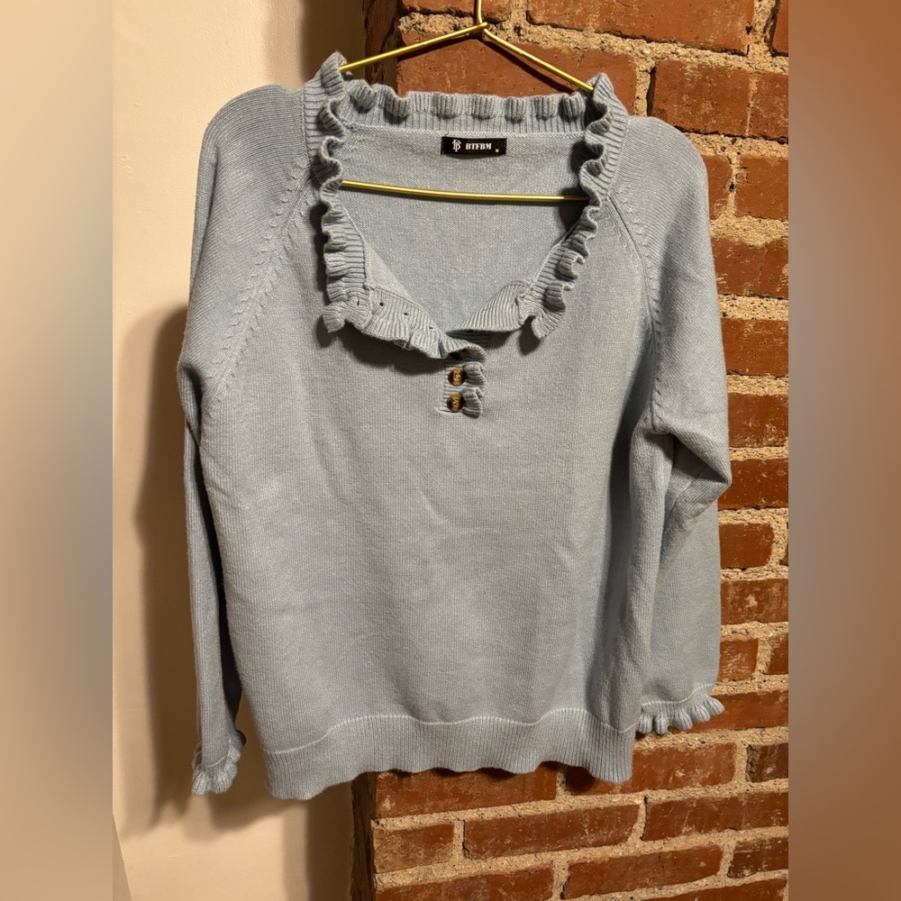 BTFBM light blue ruffle detail button up sweater